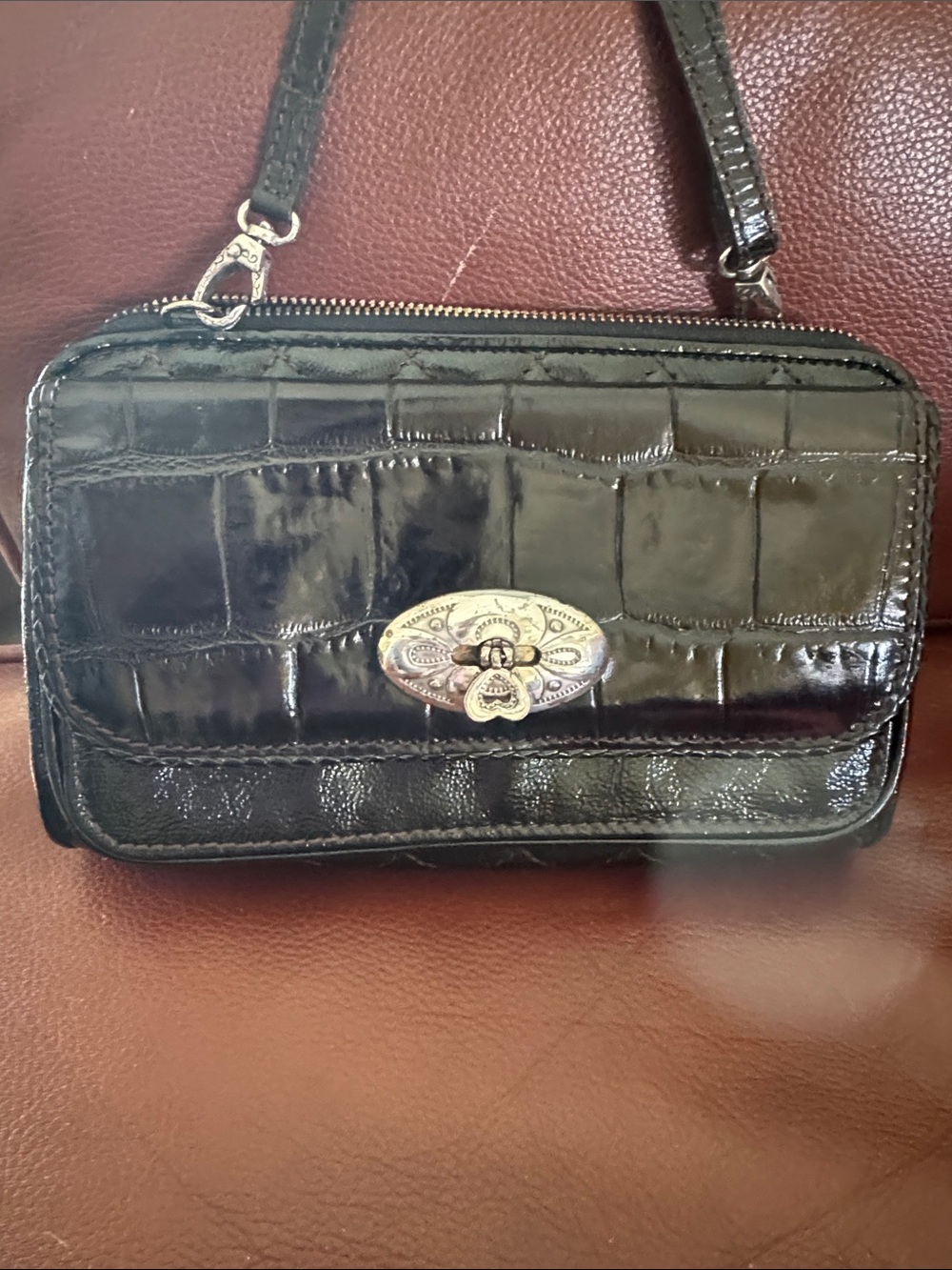 Brighton Black Patent Croc-Embossed Crossbody Bag